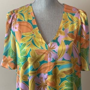 Colorful Fairy Core Malibu Floral La Roque V-Neck Britton Blouse Lavender Gold L